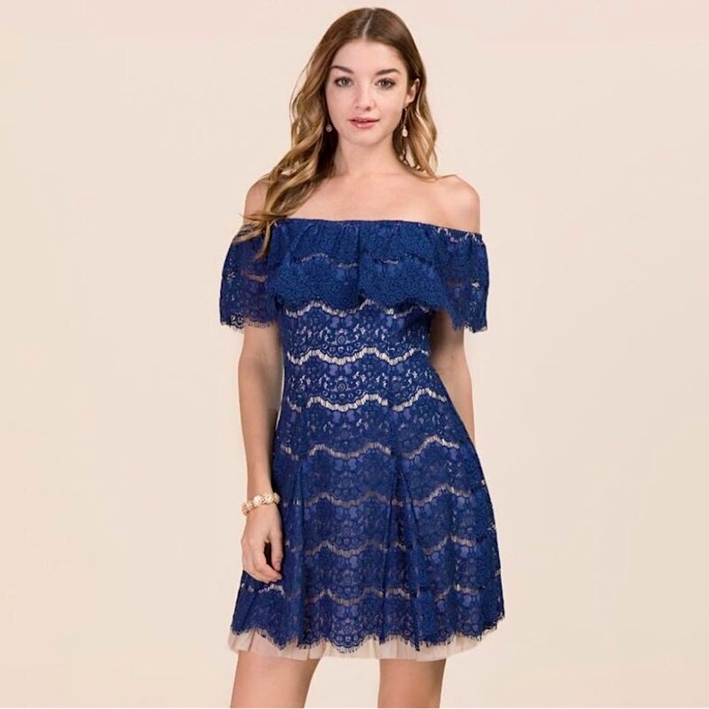 Francesca’s Eden Navy Blue Lace Off the Shoulder Dress Sz M Prom Homecoming Date